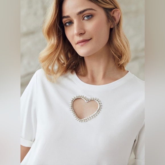 White Short Sleeve Shirt with Cut Out Rhinestone Heart - Picture 7 of 9